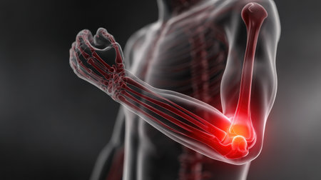 Detailed medical illustration showcasing elbow pain, highlighting joint inflammation and anatomical structures. Perfect for healthcare and educational content.の素材