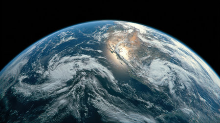 A stunning view of Earth from space, highlighting the continents and the swirling patterns of clouds in the atmosphere.の素材