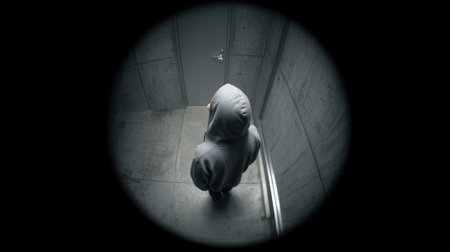 A hooded figure is seen through a peephole, creating a sense of unease and mystery. The dark surroundings add to the suspenseful atmosphere.の素材