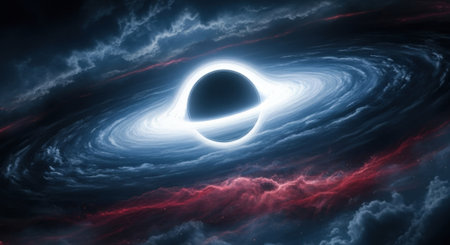 A stunning digital illustration of a black hole surrounded by a bright accretion disk and colorful cosmic nebula, showcasing the beauty and mystery of space.の素材