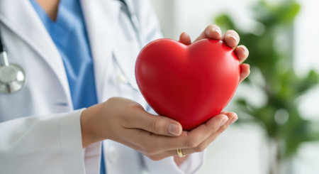 A doctor in a white coat holds a red heart, symbolizing health, medicine, and care.の素材
