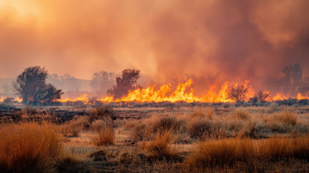 A dangerous wildfire burns uncontrollably across a dry field, sending thick plumes of orange and gray smoke into the hazy sky, silhouetting distant trees against the flames.の素材