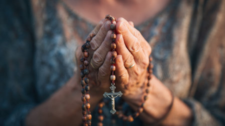 A close-up shot focusing on the wrinkled hands of a senior person holding a wooden rosary with a crucifix. The hands are clasped together in a gesture of deep prayer and faith.の素材