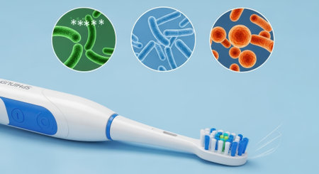 An electric toothbrush is displayed with an illustration of bacteria, highlighting the importance of oral hygiene and dental care.の素材