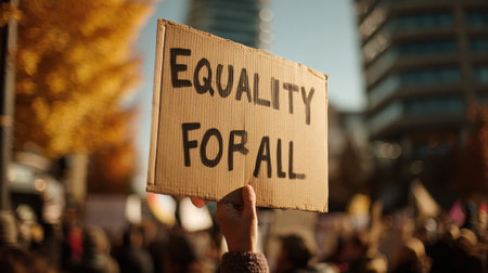 A person holds a sign reading Equality For All during a protest, with a blurred crowd and city buildings in the background.の素材