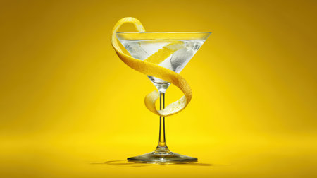 A sophisticated martini cocktail is garnished with a long, spiraled lemon twist, set against a bright yellow background, creating a visually striking and refreshing image.の素材