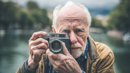 An elderly man with white hair and a tan jacket holds a vintage camera up to his eye, focusing to take a photograph outdoors.の素材