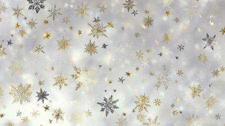 A festive background featuring a flurry of snowflakes in gold and silver tones, creating a magical winter atmosphere with subtle sparkle.の素材