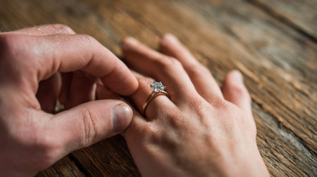 Close-up shot of a hand placing an engagement ring on another hand during a wedding proposal, symbolizing love and commitment.の素材