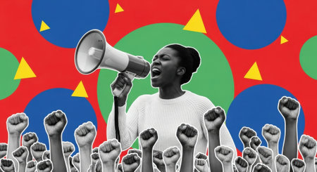 A powerful image of a woman using a megaphone to lead a protest, surrounded by raised fists, symbolizing unity and the fight for social justice.の素材