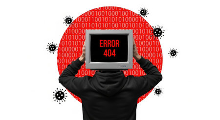 A hooded figure with a vintage monitor displaying Error 404 stands against a binary code circle, symbolizing digital issues and cybersecurity threats.の素材