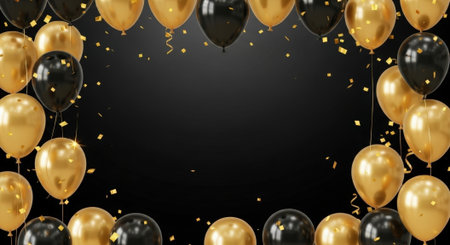 Festive background featuring black and gold balloons with scattered confetti, perfect for celebrations, parties, and special events with a touch of elegance.の素材