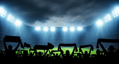 Silhouette of fans cheering with scarves in a stadium illuminated by bright floodlights, creating an electrifying atmosphere during a sporting event.の素材