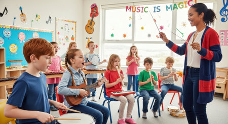 A diverse group of elementary students joyfully learn musical instruments in a bright classroom, guided by their teacher with a pointer.の素材