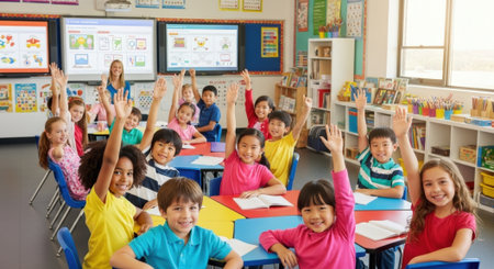 A vibrant classroom scene with diverse elementary students eagerly raising their hands, showcasing active participation and engagement in learning with their teacher.の素材