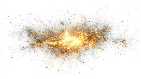 A vibrant explosion with radiating light and scattered particles, symbolizing power, destruction, and transformation against a clean white backdrop.の素材