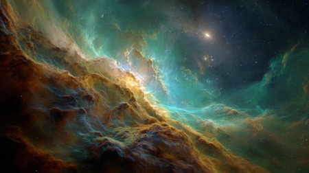 A breathtaking digital artwork of a vast nebula with swirling clouds of green, teal, and golden gas illuminated by distant stars in the infinite expanse of deep space.の素材