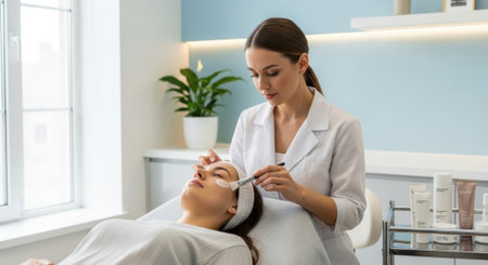 A cosmetologist applies a facial mask to a woman lying on a treatment bed in a spa, focusing on skincare and beauty.の素材