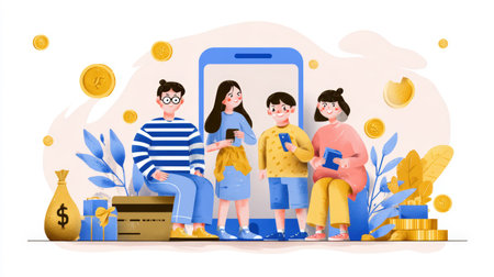 A family interacts with a mobile banking app, managing finances and investments with digital tools, surrounded by coins and financial symbols.の素材