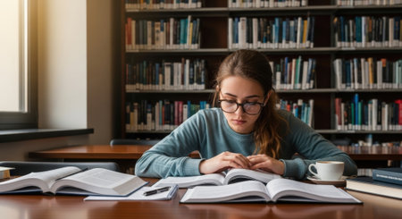 A young woman wearing glasses is deeply focused on her studies at a library, surrounded by open books and a cup of coffee.の素材