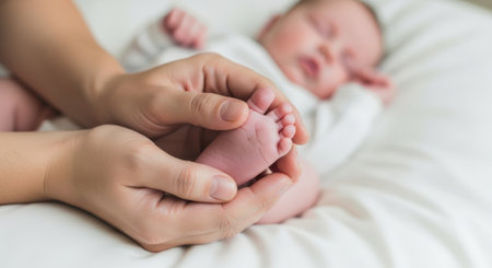 A tender moment captured as a mothers hands cradle her newborn babies tiny foot, showcasing the delicate bond and love between parent and child.の素材