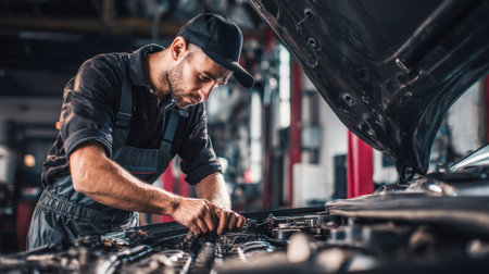 A skilled mechanic in a cap meticulously examines a car engine under the hood in a well-equipped auto repair shop, ensuring optimal performance.の素材