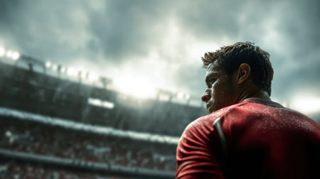 A determined rugby player stands ready in the stadium, the cloudy sky adding to the intensity of the moment before the game.の素材