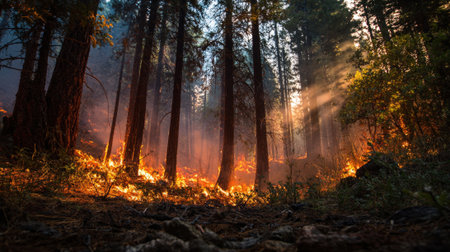 A forest engulfed in flames, showcasing the destructive power of wildfires and their impact on the environment, with smoke rising through the trees.の素材