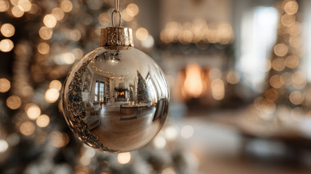A shiny golden Christmas ornament hangs in focus, reflecting a warm, inviting room with a fireplace and twinkling lights, creating a festive holiday atmosphere.の素材