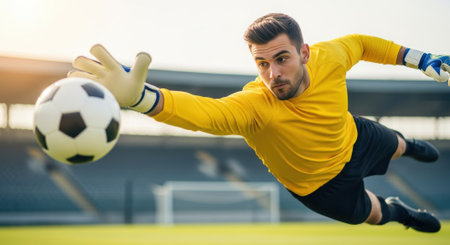 A soccer goalkeeper in a yellow jersey dives to block a soccer ball during a game on a green field.の素材