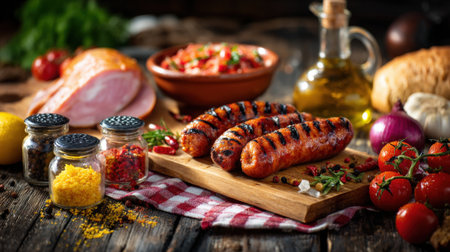 A delicious spread of grilled sausages, sliced ham, fresh tomatoes, onions, and various spices arranged on a rustic wooden table, perfect for a hearty meal.の素材