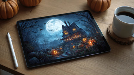 A Halloween-themed digital artwork displayed on an iPad, surrounded by pumpkins and a cup of coffee, creating a cozy autumn scene.の素材