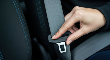 Close-up of a hand fastening a car seat belt, highlighting safety and responsibility while driving. The image highlights the importance of seat belts.の素材