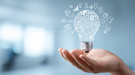 A hand cradles a lightbulb with digital icons, symbolizing ideas and innovation in a technology-focused setting.の素材