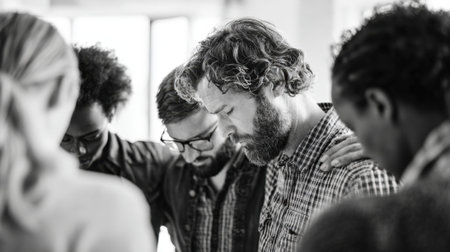 A diverse group of people are gathered together, heads bowed in prayer, fostering a sense of unity, faith, and spiritual connection in a moment of shared devotion.の素材