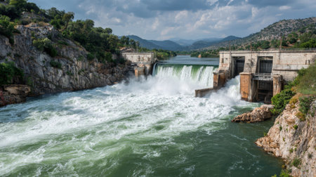 A powerful hydroelectric dam releases a torrent of water, creating a stunning cascade in a mountainous setting, showcasing the intersection of nature and technology.の素材