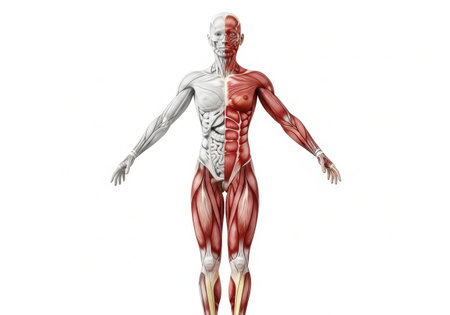 Detailed anatomical illustration showcasing the human body's muscles, bones, and internal organs, with a half-transparent view for educational purposes.の素材