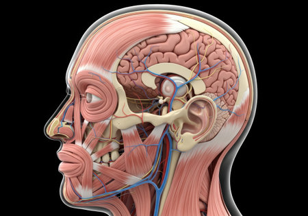 Detailed anatomical illustration of a human head, showcasing the brain, muscles, and internal structures in a cross-sectional view.の素材
