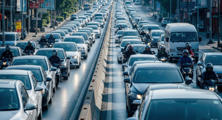 A congested city road filled with cars and motorcycles, illustrating the challenges of urban transportation and traffic management during peak hours.の素材