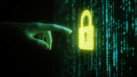 A persons hand points to a luminous lock symbol against a backdrop of falling green binary code representing digital security and online privacy.の素材