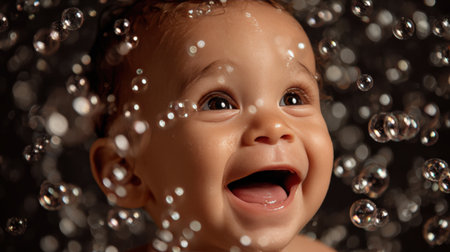 A close-up of a happy baby, eyes wide with delight, surrounded by floating bubbles. The image captures a moment of pure joy and innocence.の素材