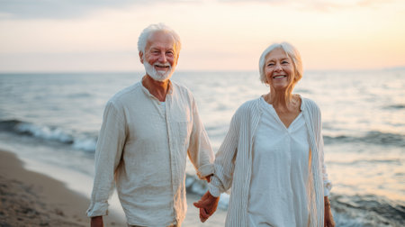 An elderly couple, radiating happiness, enjoys a leisurely walk on the beach, their hands clasped together against the backdrop of a beautiful sunset.の素材