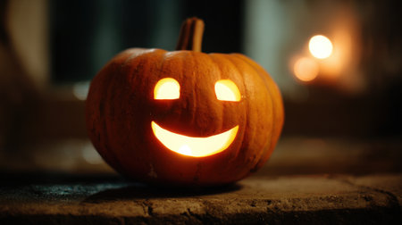 A warmly lit jack-o-lantern with a simple, smiling face sits on a wooden surface, casting a festive glow in the dark. Perfect for Halloween.の素材