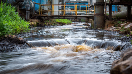 A long exposure shot of polluted water from an industrial facility discharging into a natural stream, highlighting environmental concerns and the impact of human activity on ecosystems.の素材