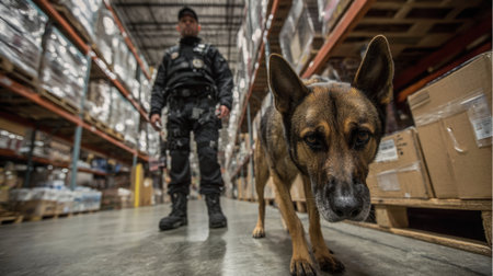 A K9 unit, featuring a German Shepherd, diligently searches a warehouse, showcasing the dogs focus and the handlers surveillance in a contraband detection scenario.の素材