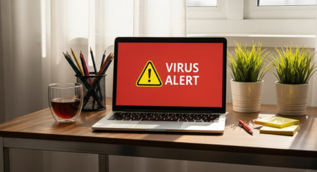 A laptop on a desk shows a virus alert, with plants, a drink, and pencils nearby, indicating a potential security issue.の素材
