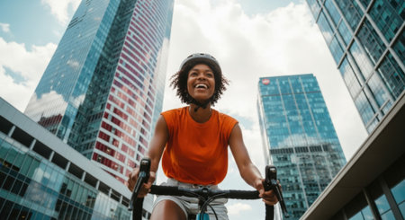 A low-angle shot of a smiling woman on a bicycle, set against a backdrop of modern skyscrapers, capturing the essence of urban freedom and active living.の素材