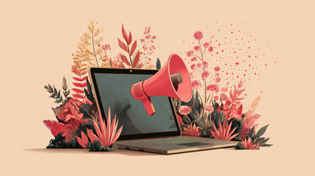 A laptop screen displays a megaphone surrounded by flowers, symbolizing announcements, news, or promotions in a vibrant and eye-catching way.の素材