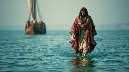 A depiction of Jesus walking on water, approaching a boat on a calm lake, symbolizing faith and divine power.の素材