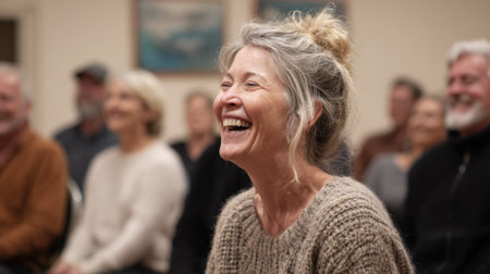 A woman with graying hair in a bun bursts into laughter, surrounded by others in a warmly lit room, showcasing genuine joy and connection.の素材